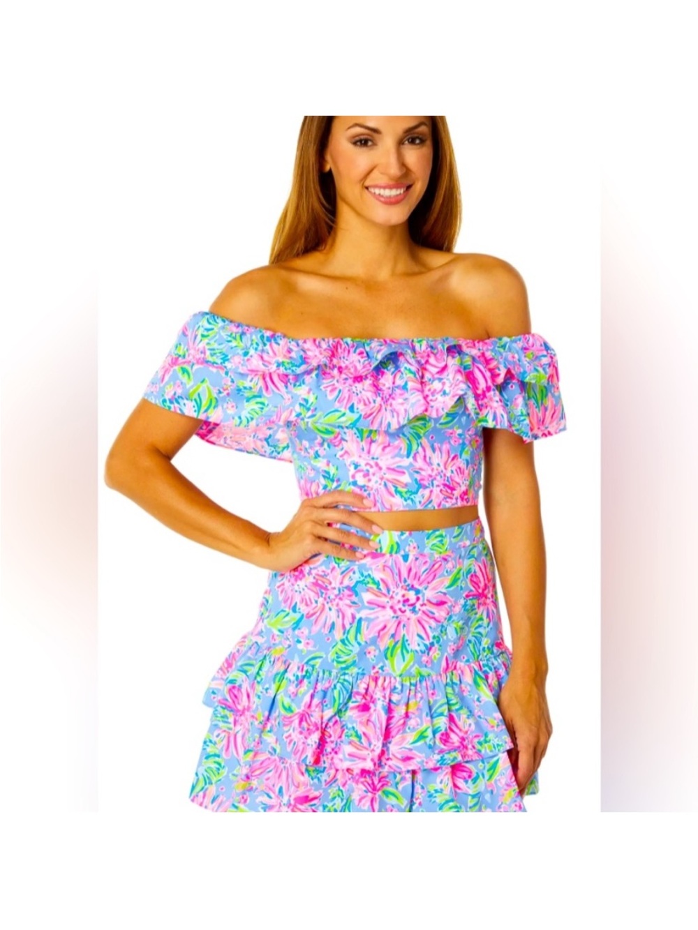Lilly Pulitzer Mayslie Off-Shoulder Floral Crop Top and Skirt two piece set